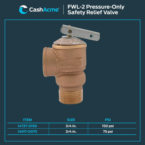 Bronze 3/4 in Cash Acme FWL-2 RV pressure-relief valve with lever, 75 psi