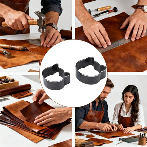 Cat Head Leather Cutting Die Set In Alloy Steel Pro Grade Hollow Punch Tools for DIY leather projects, two sizes shown in use.