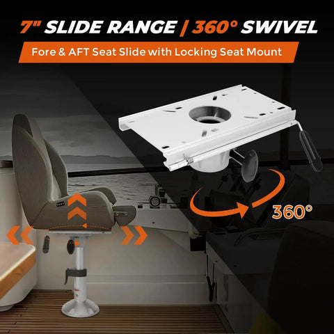 Boat seat pedestal mount with 2-7/8 in post and aluminum base; fore-aft slide with locking swivel (installed view)