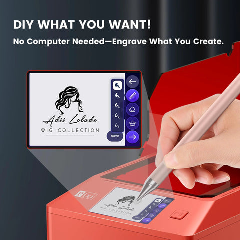 Close-up of All In One Portable Laser Engraver With Built In AlgoOS 2.0, 3W Class 1 Cutter, 3.5 Inch Touch Screen, stylus in hand.