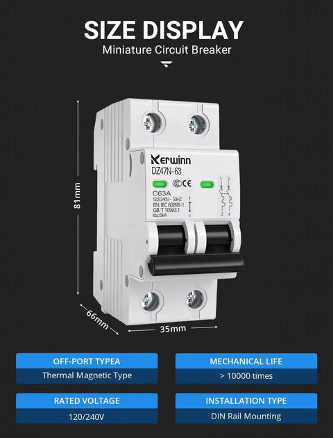 Two Pole 32A AC Miniature Circuit Breaker DIN Rail Mount 120V To 240V 50 60 Hz Flame Retardant Shell With Large Visualization Window