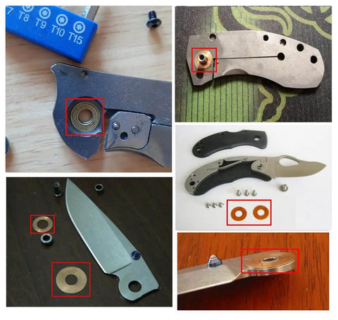EDC Pocket Knife Brass Washer Set For Pivot Pins 20 Pcs Replacement Gaskets shown installed on folding knife parts