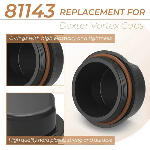 Two Pack Replacement Hub Caps For Dexter Vortex 81143 48355v K71 G01 73 21 261 With O Ring Fits Trailer Boats And Other Hub Kits Durable Dust Cap With Outer Thread Diameter Two And Five Sixteenths Inches, showing black plastic hub cap with orange O-ring and threaded design.