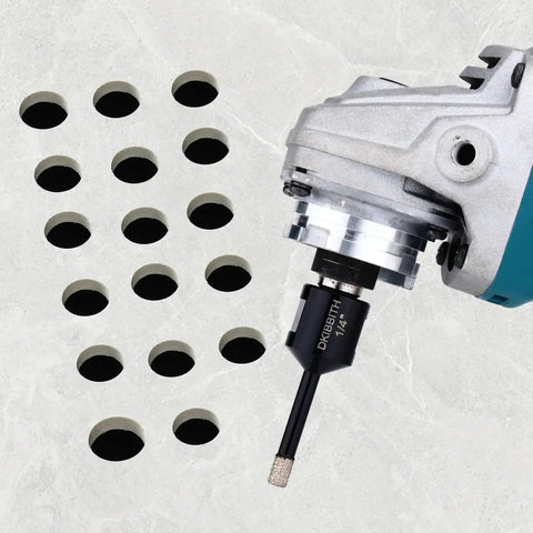 Quarter Inch Dry Diamond Core Drill Bits Set 2-Piece 6mm Diameter 5/8-11 Thread shown with angle grinder and drilled holes