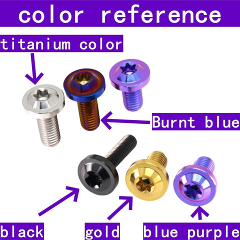 Color reference chart showing titanium, burnt blue, black, gold, and blue purple finishes of screws.