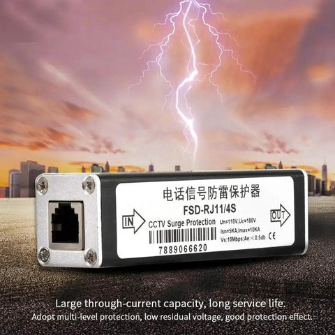 Phone Line Surge Protector 10KA Shield for landlines, fax modems and DSL gear; rectangular device with RJ11 ports.