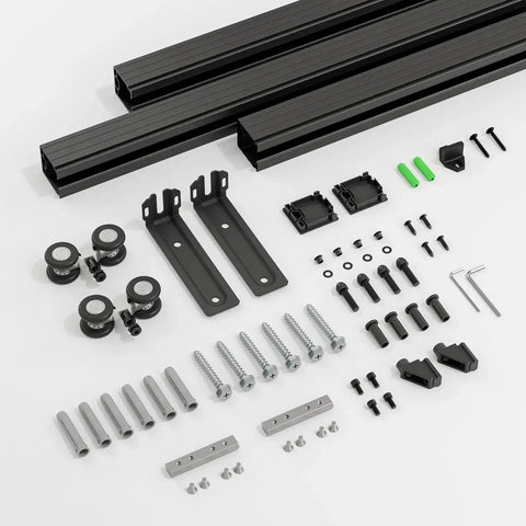 96 Inch Ceiling Mount Box Rail Barn Door Hardware Kit with aluminum tracks and mounting hardware for single door installation.