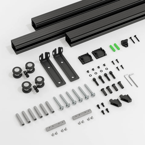 Heavy Duty Five Foot Ceiling Mount Box Rail Barn Door Hardware Kit In Aluminum Alloy For Single Door components displayed