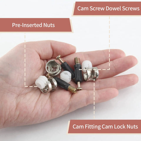 Hand holding 36 Set 3 In 1 Furniture Connecting Kit For Cabinets Drawers And Wardrobes With M6 40mm Cam Screws Cam Fittings And Cam Lock Nuts Pre Inserted Nuts For Easy DIY Furniture Assembly