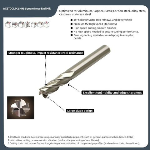 Seven Piece HSS End Mill Set With Square Nose WKSTOOL displaying a single M2 Cobalt High Speed Steel end mill for CNC metalworking.