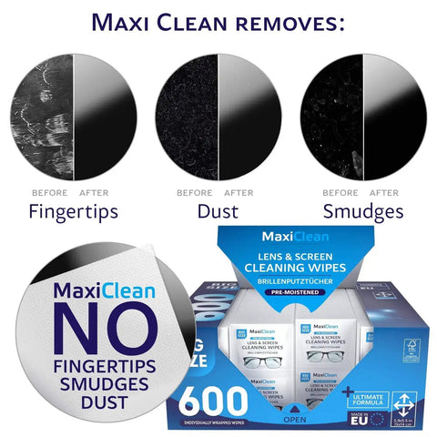 Illustration of 600 Premoistened Lens Wipes For Eyeglasses Screens Phones Individually Wrapped removing fingerprints, dust, and smudges.