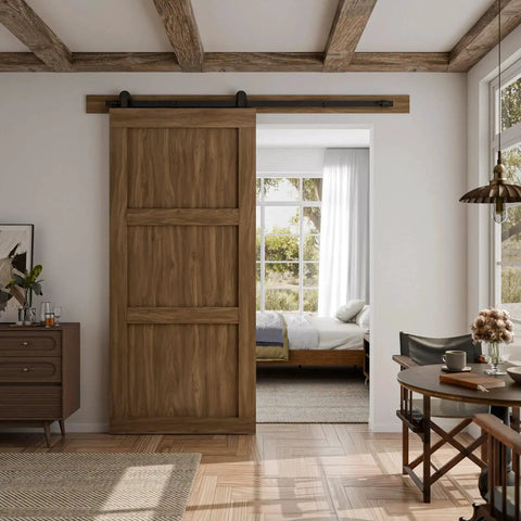 Five Foot Sliding Barn Door Hardware Kit Heavy Duty With Quiet Smooth Operation And Easy Install Fits Thirty Inch Wide Single Door Panel T Shaped Black Includes Solid Steel Roller Hanger And High Strength Flat Tracks Supports Up To 330 Lb 150 Kg installed in home office