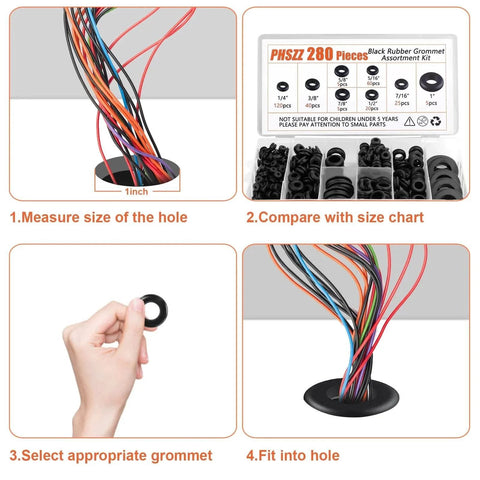 Rubber Grommets Kit 280 Piece Assortment For Wiring Automotive Firewall Sheet Metal Hardware Repair; wiring installation process with grommet size chart.