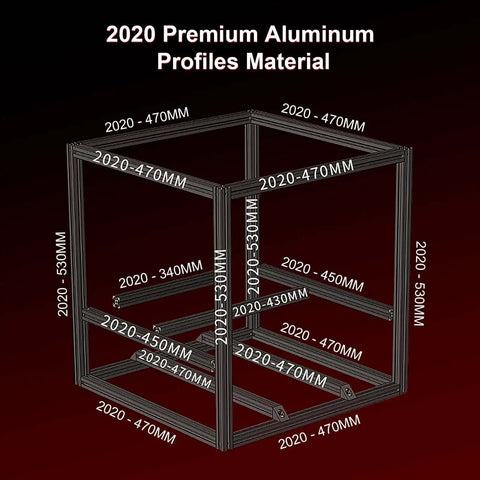 3D view of 2020 aluminum extrusion frame dimensions for 350mm Extrusion Frame Kit For 3D Printers with anodized black finish.