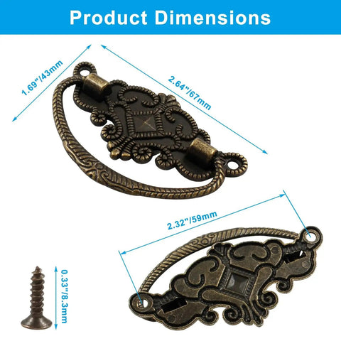 Product dimensions of Six Pack Vintage Antique Bronze Drawer Pull Handles With Backplates, showing detailed size and zinc alloy material.