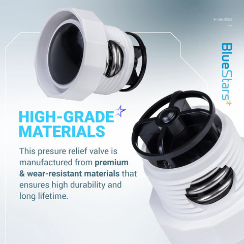 BlueStars pressure relief valve kit: two white plastic housings with black seals for Polaris pool cleaners.