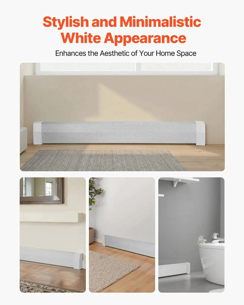 5 Ft Baseboard Heater Cover installed in a bedroom, heavy duty steel front panel, durable white finish, enhances home aesthetics