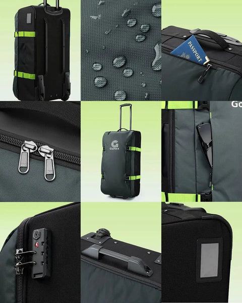 Rugged Rolling Duffle Bag With Wheels For Travelers, Water Repellent 30 Inch Nylon Large Wheeled Travel Duffle Luggage With TSA Lock And Telescopic Handle, 100L Capacity, Green Gonex, featuring multiple compartments and secure zippers.