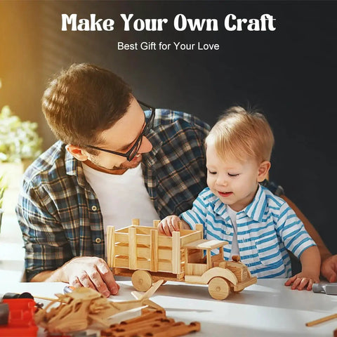 Father and child crafting a wooden toy truck at home.