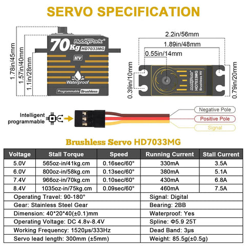 HobbyPark waterproof brushless servo HD7033MG, 70 kg-cm torque at 8.4V, metal gear for RC cars.