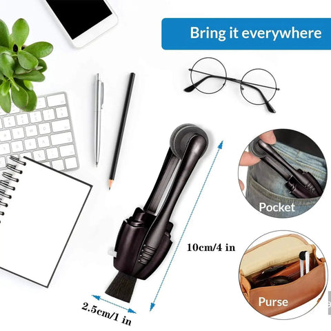 Portable Carbon Microfiber Eyeglass Cleaner 3 Pack With Sunglasses Brush on a desk with notebook and pens