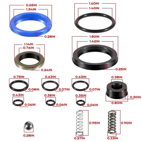 Pro Grade Complete Seal Replacement Kit For Pallet Mule AA5000 And AA5500 Hydraulic Jack showing various seal sizes