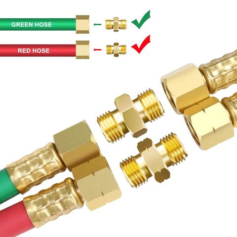Welding Hose Coupler Adapter Set For Oxygen And Acetylene Twin Hoses, 9/16-18 UNF LH And RH Fittings, brass connectors with hoses