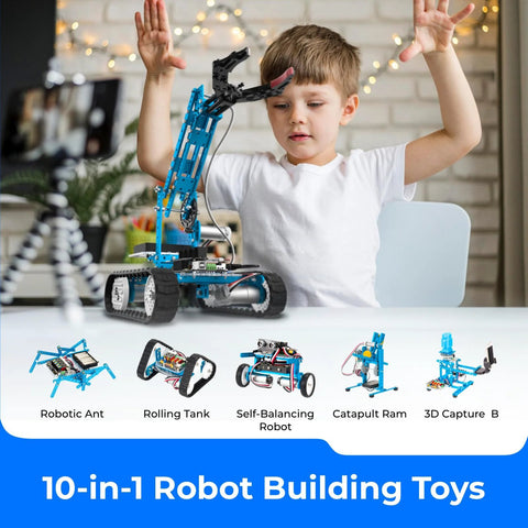 Makeblock mBot Ultimate 10-in-1 robot building kit, blue chassis with tracked base; child playing.