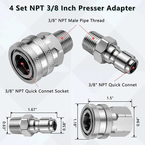 Three Eighths Inch Stainless Steel Quick Connect Kit For Pressure Washers, Four Piece NPT Adapter Set With Male And Female Plugs And Sockets