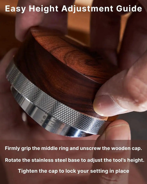 KNODOS 54mm espresso distribution tool with rosewood cap and knurled stainless steel base; close-up view