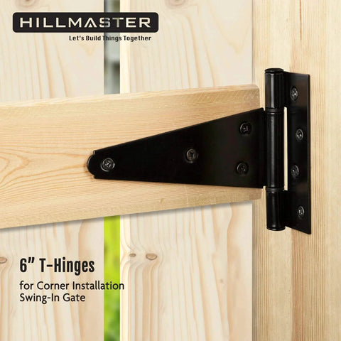 Heavy Duty 6 Inch T Strap Gate Hinges For Shed Doors And Wooden Fences Black Powder Coated installed on a wooden gate