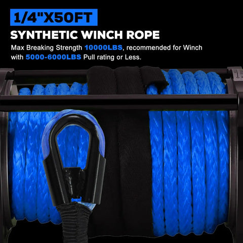 Blue Synthetic Winch Rope Kit 1 Quarter Inch By 50 Foot Off Road Ready With 10000 Lbs Capacity visible on a winch.