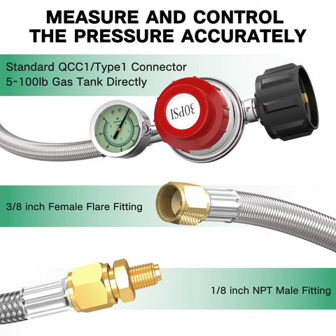 Propane regulator with gauge and 5 ft braided stainless hose; 3/8 flare to 1/8 MNPT fittings for LP gas appliances