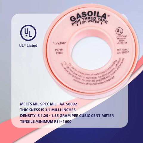 Pink PTFE Thread Seal Tape For Leak Proof Plumbing And HVAC Pipes The Go To High Density Water Line Sealant Non Toxic Pro Grade Half Inch By Two Hundred Sixty Inch Rolls displayed on a colorful background.