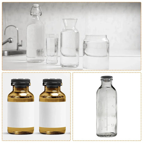 Various types of glass bottles and jars on a kitchen counter, featuring different shapes and sizes for versatile storage solutions