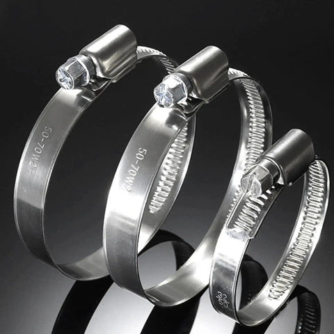 Close-up of 90 Piece Stainless Steel Hose Clamps Set for Automotive Radiators and Pool Hoses, various sizes, heavy duty worm gear.