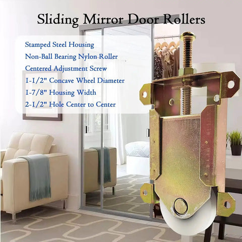 Sliding Mirror Door Rollers Assembly For Closet Doors With 1-1/2 Inch Nylon Concave Wheels And 2-1/2 Inch Hole Centers, Top Adjustable