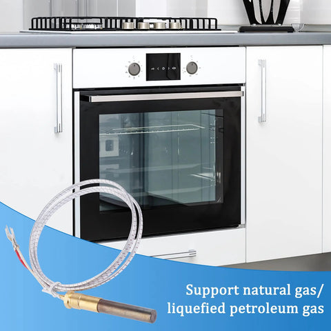 Gas fryer thermopile with braided wire and brass tip displayed in front of a white kitchen oven