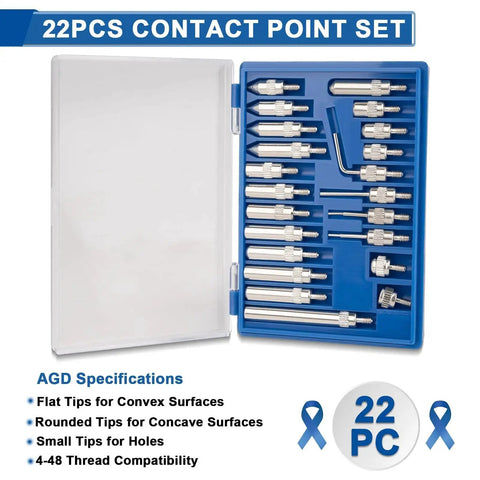 22pcs contact point set in a blue plastic case with various tips for convex, concave surfaces and hole measurements.