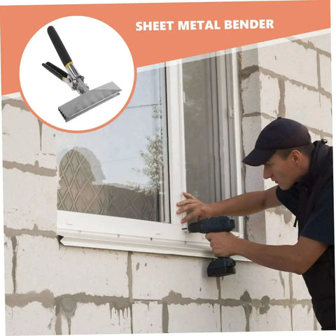 Worker using Six Inch Hand Seamer Metal Bender Tool With Straight Jaw For Sheet Metal Bending and Flattening on a building site.