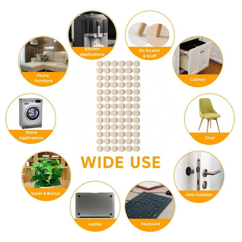 3/8 Inch Round Beige Felt Pads For Cabinets And Furniture Self Adhesive Floor Protectors with various household usage illustrations.
