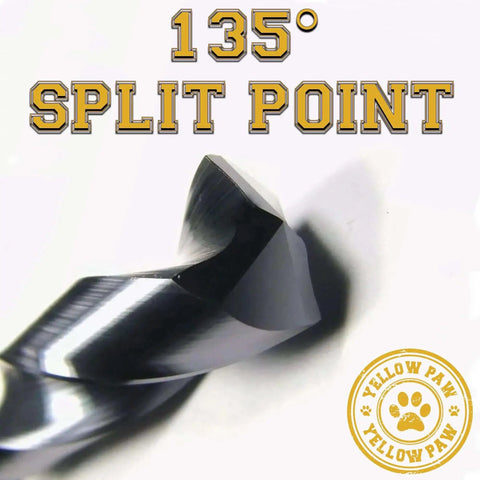 Close-up of Industrial Grade Cobalt Drill Bit For Metal With TiAIN Coating, 135 Degree Split Point, Yellow Paw logo visible.