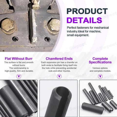 Black Metric Roll Pin Set With Storage Case 13 Sizes From M1.5 To M6 Slotted Steel Roll Pins For Automotive Repair And Mechanical Fastening Handy 415Pcs Dowel Tension Pins Kit For Pros And DIYers with detailed product specifications display.