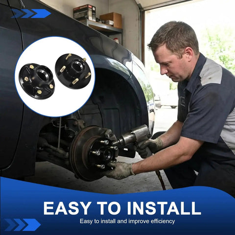 Mechanic installing Heavy Duty Trailer Hub Kit for 3500 Pound Axles with 5 on 4.5 Inch Bolt Pattern, car wheel in garage