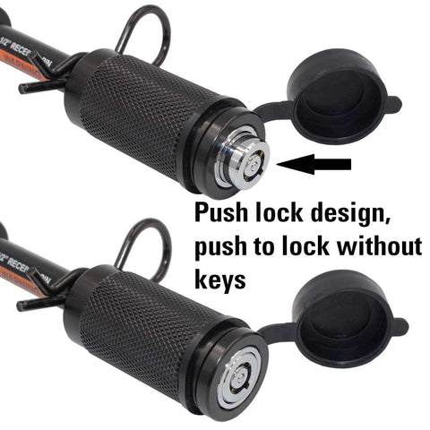 Keyed Half Inch Trailer Hitch Lock With Three And A Quarter Inch Span For Class I And II Hitches Double Safety Receiver Pin With Spring Clip For Extra Security No Nonsense Locking And Peace Of Mind push lock design