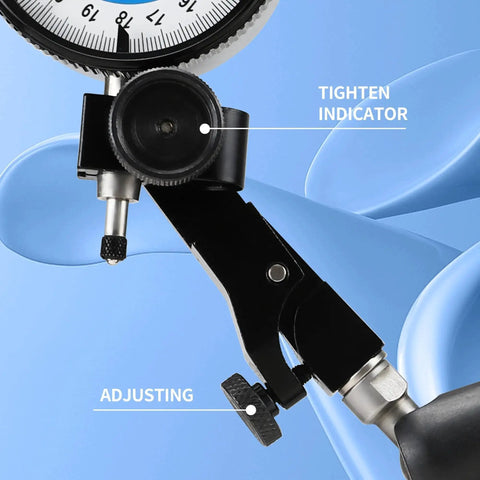 Close-up of the heavy duty dial gage holder with swivel clamp from the Industrial Strength Magnetic Base Indicator Holder With Fine Adjustment For Lathes And Mills by Dasqua.
