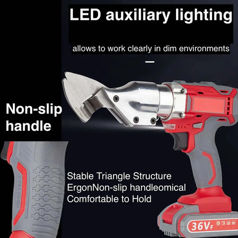36V Cordless Metal Shear Cutter With Copper Motor Heavy Duty Tin Snip, close-up of grip handle and LED lighting, for sheet metal cutting.