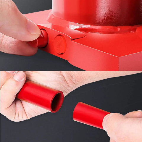 Close-up of Heavy Duty 6 Ton Hydraulic Bottle Jack For Cars, Trucks And SUVs, Welded Steel Construction With Manual Handle, Red Portable Lifting Jack