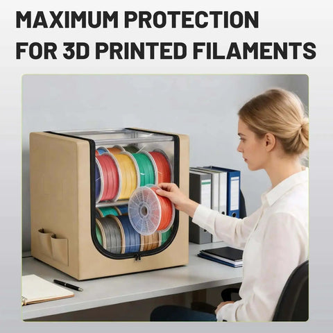 Woman using 2 Tier Metal Filament Dry Storage Box With Leather Cloth Cover Holds Up To 20 Spools For Home And Workshop Printers