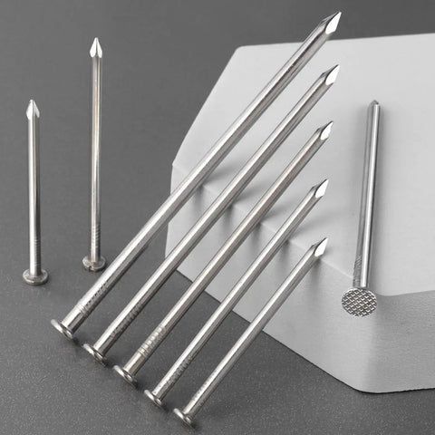420 Piece Stainless Steel Hardware Nails Set For Home Use With Six Sizes Up To Three Inches Long on gray background